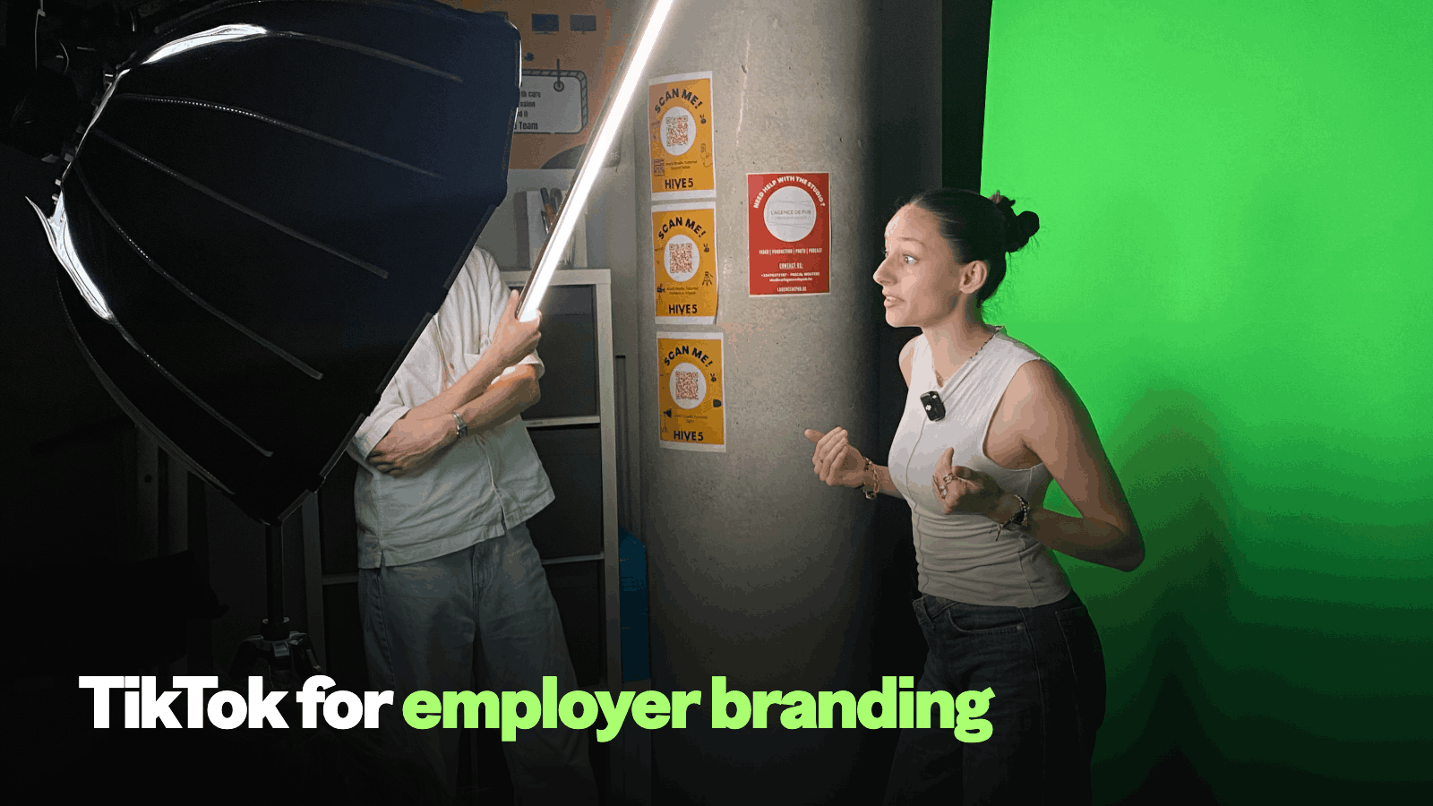 TikTok employer branding cover: smartphone showing a vertical video with a green badge reading '56.1% discover jobs on TikTok'.